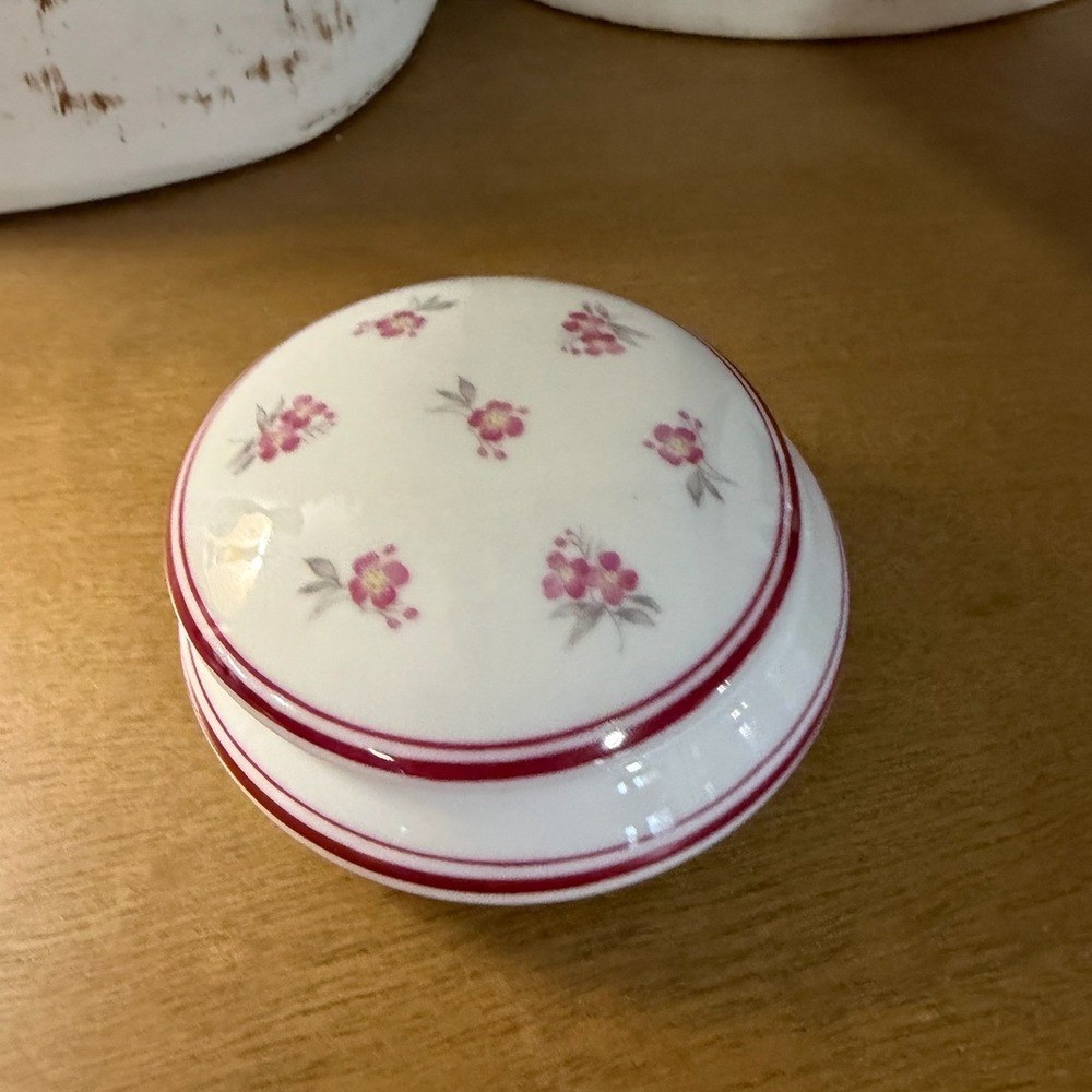 Limoges France Porcelain Trinket Box Norex Pink Floral Striped Round Jewelry